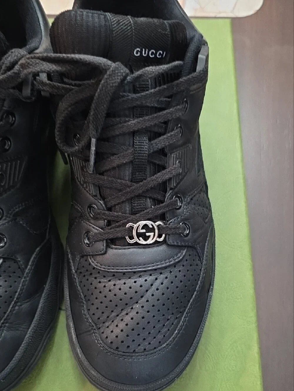 Gucci Men’s Black Leather Sneakers with Silver Double G Hardware